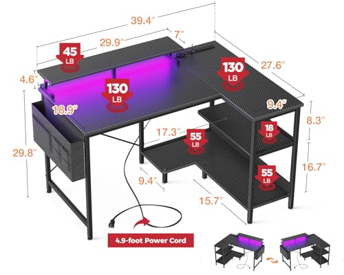 ODK 48 Inch L Shaped Gaming Desk with USB Charging Ports and LED Lights S136