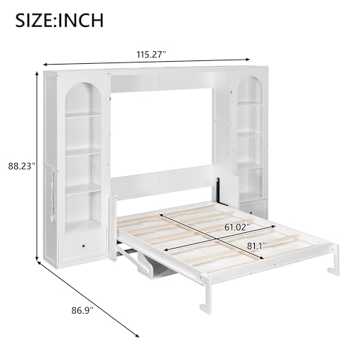 Merax Queen Murphy Bed Wall Bed with Sofa and Cushion, White V57291