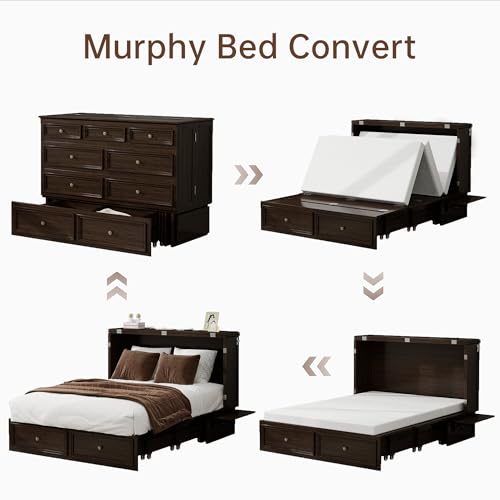 Solid Wood Murphy Bed Cabinet Full with USB Charging Ports and Storage Drawer, Ebony D190415