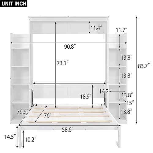 Merax Queen Size Wood Murphy Bed with LED Lights and Shelves, Grey K26344