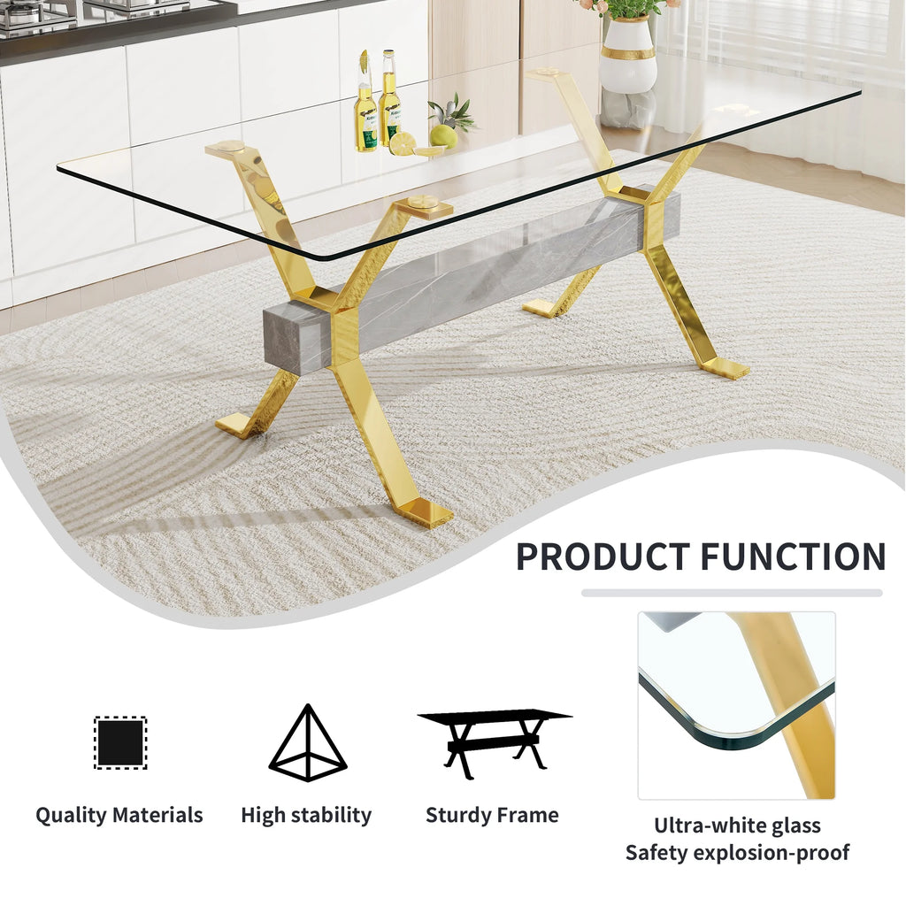 Modern tempered glass rectangular dining table with 6 white PU gold leg chairs V1592