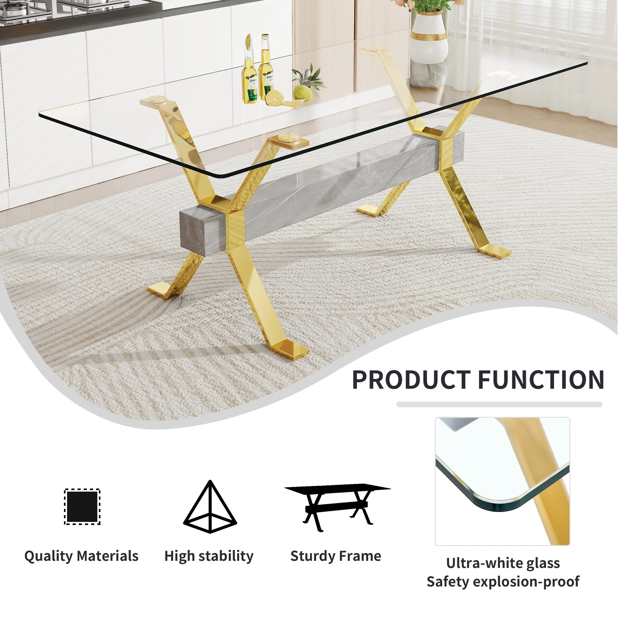 Modern tempered glass rectangular dining table with 6 white PU gold leg chairs V1592