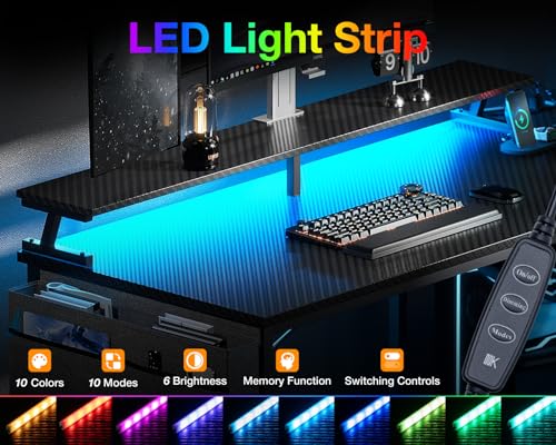 ODK 48 Inch L Shaped Gaming Desk with USB Charging Ports and LED Lights S136