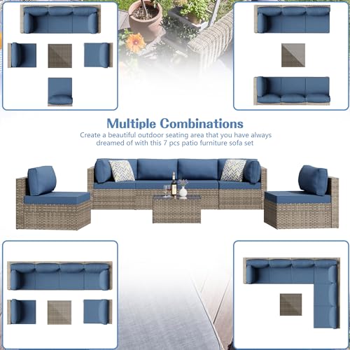 Shintenchi 5-Piece Outdoor Patio Sectional Sofa with Cushions and Glass Coffee Table, Aegean Blue U127322