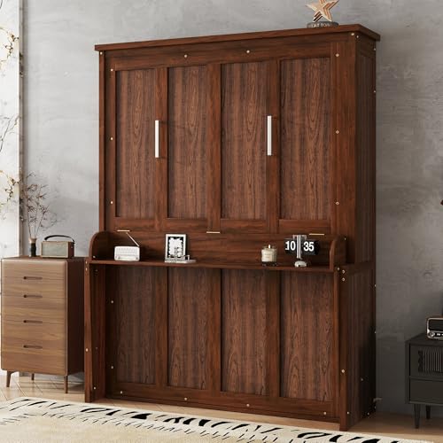Walnut Murphy Bed with Desk and Gas Struts N330