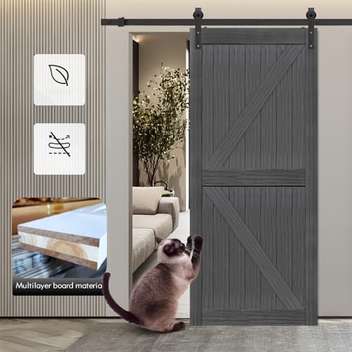 S&Z TOPHAND® 20 in x 84 in Elephant Gray British Brace Knotty Barn Door with 4FT Sliding Hardware Kit G149446