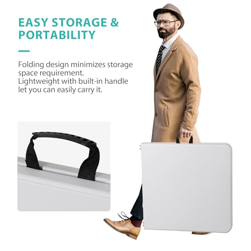 Portable 4 Foot Plastic Folding Table, Indoor Outdoor Heavy Duty with Carrying Handle, White I854764