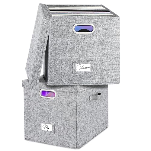 Vinyl Record Storage Box for 50 LPs, Stackable Linen Crate with Lid P294298