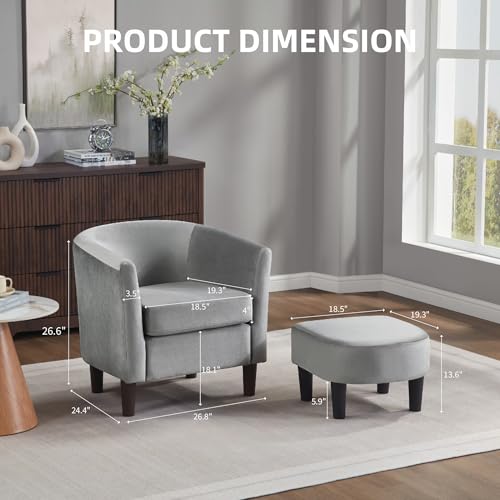 FLEXISPOT Accent Barrel Chair with Ottoman, Velvet Upholstered, White U587