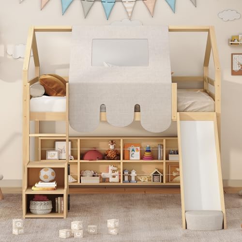 Harper & Bright Designs Kids Twin Low Loft Bed with Slide, Storage Shelves & Stairs, White/Pink C414827