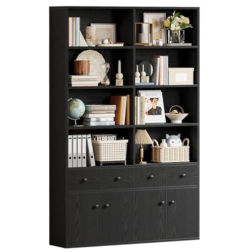 IRONCK 78.7" Bookcase with 4 Drawers and 4 Doors, 6 Tier, Vintage Black Z686086