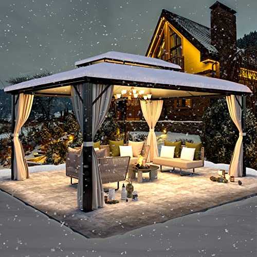 YOLENY 10'x13' Hardtop Gazebo with Aluminum Frame and Curtains F853