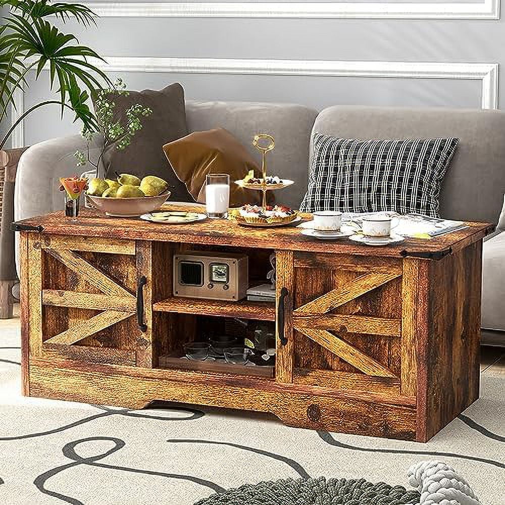 HBBOOMLIFE Coffee Table with Barn Doors, Farmhouse White S2408