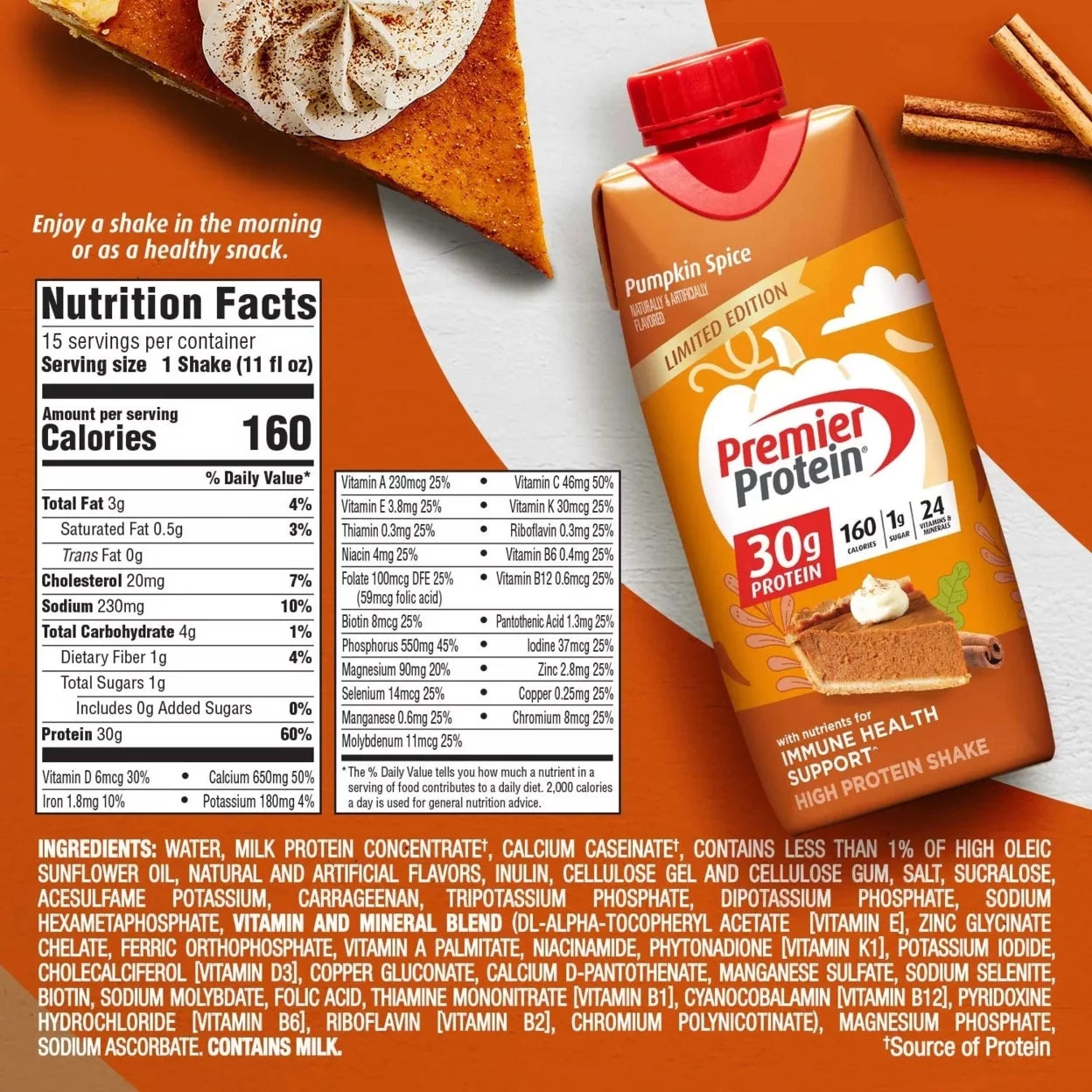 Premier Protein High Protein Shake, Pumpkin Spice, 11 fl oz (Pack of 15) S1136