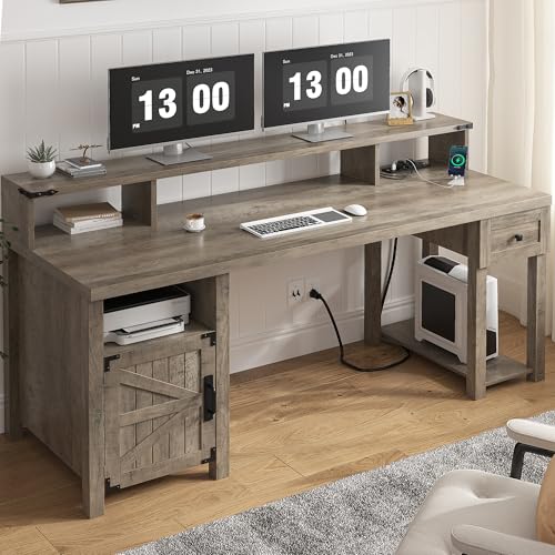 EnHomee Farmhouse Office Desk with Drawer & Power Outlets, Ash Gray K849