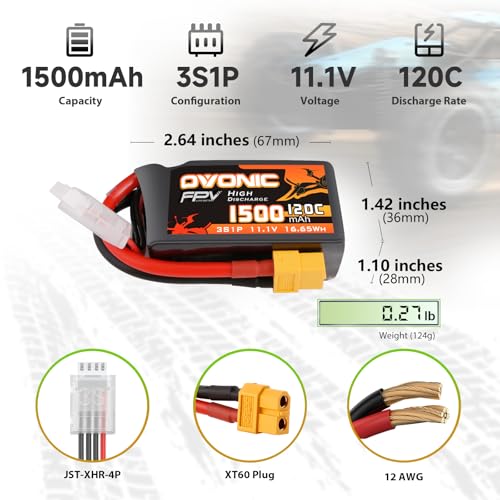 OVONIC Lipo Battery 11.1V 1300mAh 3S with XT60 for RC FPV Drone (2 Pack) Q180