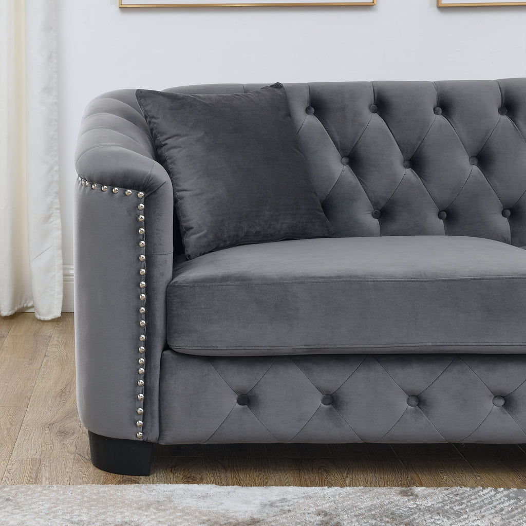 77-Inch Modern Chesterfield Velvet 3-Seater Sofa with Tufted Backrests, Grey E686