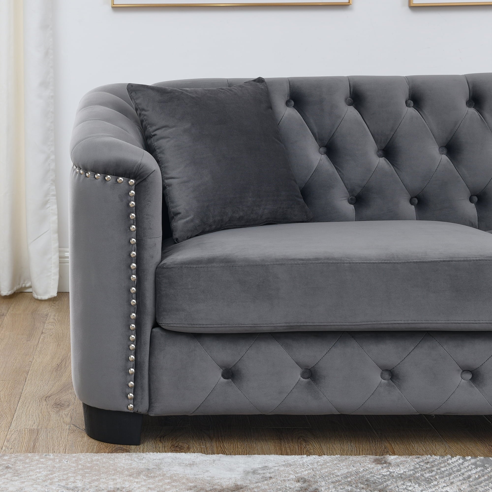 77-Inch Modern Chesterfield Velvet 3-Seater Sofa with Tufted Backrests, Grey E686
