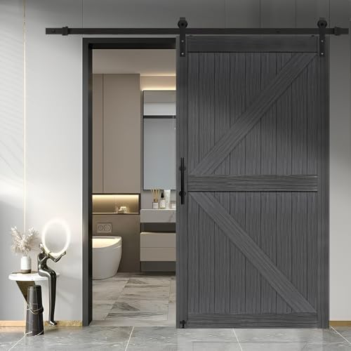 S&Z TOPHAND® 20 in x 84 in Elephant Gray British Brace Knotty Barn Door with 4FT Sliding Hardware Kit G149446