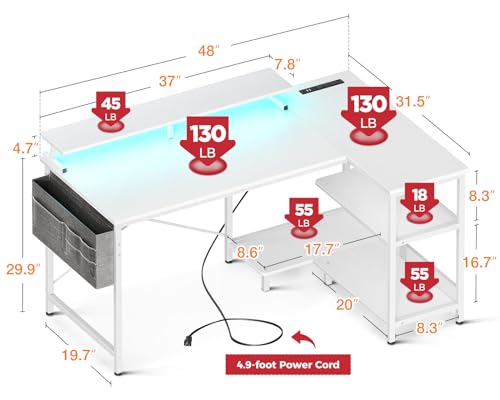 ODK 48 Inch L Shaped Gaming Desk with USB Charging Ports and LED Lights S136