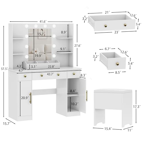 White Vanity Desk with Mirror and Lights, Charging Station and Stool Z6519