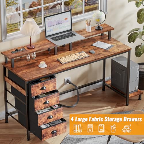 Furologee 47" Computer Gaming Desk with Monitor Stand, 4 Fabric Drawers & Power Outlets, Rustic Brown U645888