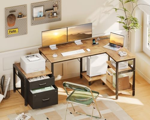 Casaottima 55 Inch L Shaped Desk with Drawers & File Cabinet, Rustic Brown B7734