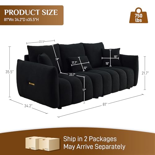 Teddy Cloud Sofa Couch, Boucle 3 Seater with 3 Pillows, Black T90422