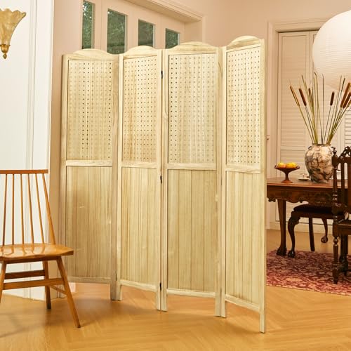 Pegboard Display 5.6Ft Wooden Room Divider Folding Privacy Screen Freestanding Wall Organizer, 4 Panels, Natural C603