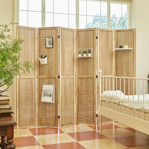 Pegboard Display 5.6Ft Wooden Room Divider Folding Privacy Screen Freestanding Wall Organizer, 4 Panels, Natural C603