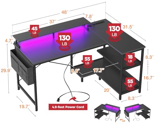 ODK 48 Inch L Shaped Gaming Desk with USB Charging Ports and LED Lights S136