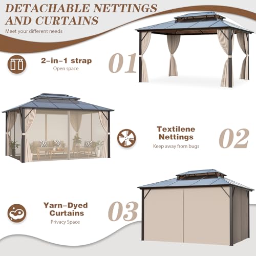 EROMMY 10' x 12' Hardtop Gazebo with Aluminum Frame and Double Roof Q573