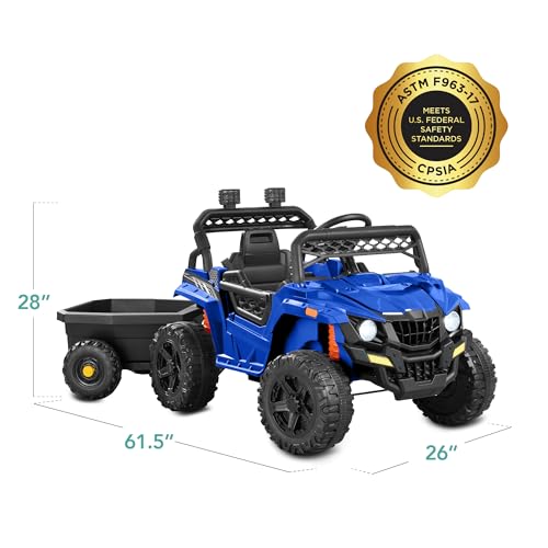 Kids 12V Electric Ride On UTV Car with Trailer, Parent Control, LED Lights, Bluetooth - Black C2735