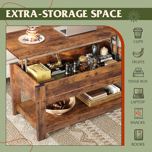 WLIVE Lift Top Coffee Table with Storage Shelf, Rustic Brown Z11463