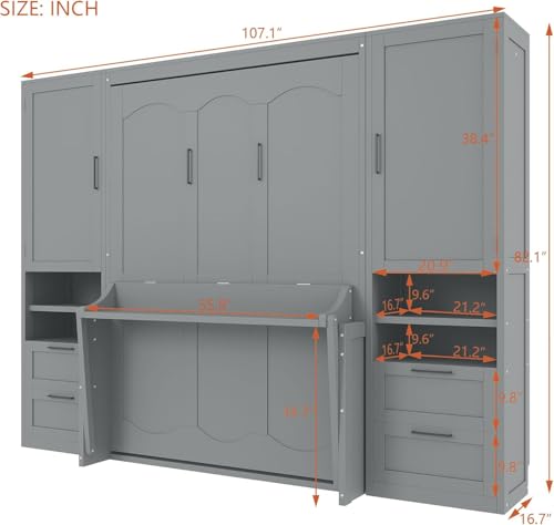MERITLINE Full Murphy Bed with Desk and Storage, White P49157