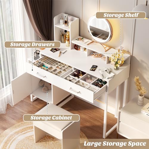 White Vanity Desk with Power Outlet and Storage Y378