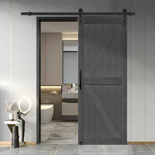 S&Z TOPHAND® 20 in x 84 in Elephant Gray British Brace Knotty Barn Door with 4FT Sliding Hardware Kit G149446