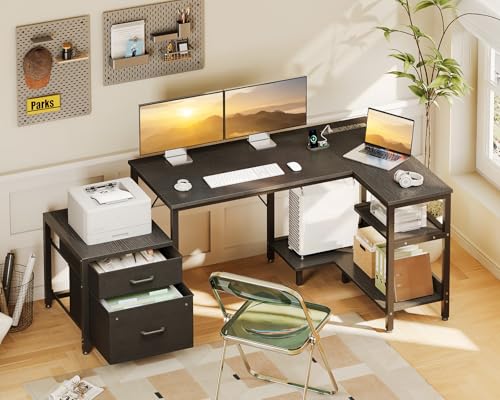Casaottima 55 Inch L Shaped Desk with Drawers & File Cabinet, Rustic Brown B7734