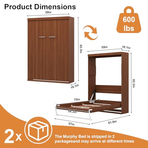 Murphy Bed Full - Space Saving, Convertible Hidden Bed, Brown C7991