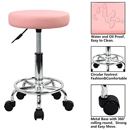 KKTONER PU Leather Round Rolling Stool with Foot Rest Swivel Height Adjustment (Pink) Q8561