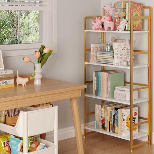 JSB Folding Bookshelf 5 Tier Vintage Wood Bookcase for Living Room Bedroom Office S131658