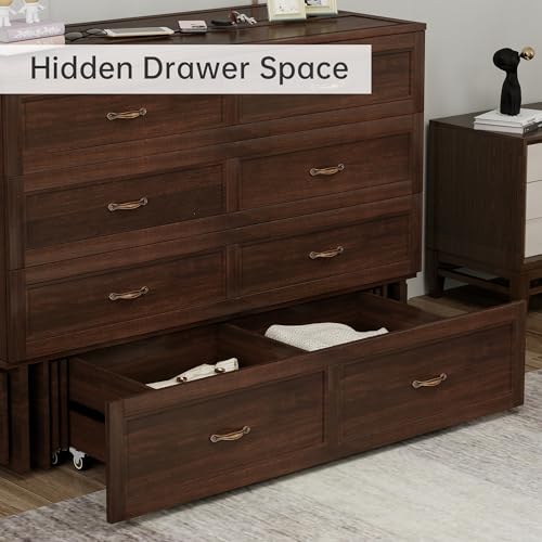 Solid Wood Murphy Bed Cabinet Full with USB Charging Ports and Storage Drawer, Ebony D190415