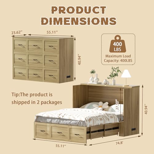 Murphy Bed Wood Wall Bed Cabinet with Drawer and USB Ports X615337