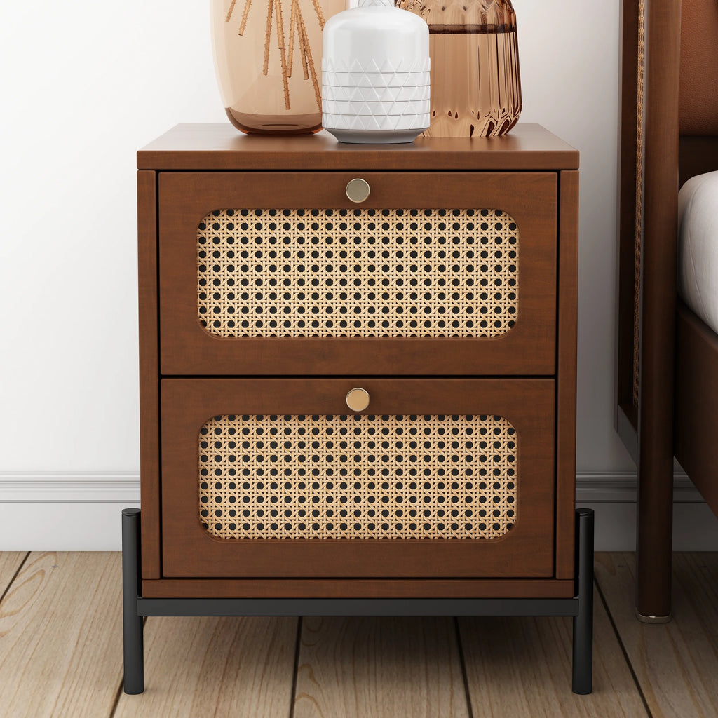CoSoTower Rattan Wood 2-Drawer Side Table Nightstand, Walnut R303