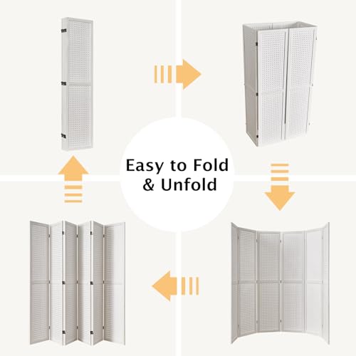 Pegboard Display 5.6Ft Wooden Room Divider Folding Privacy Screen Freestanding Wall Organizer, 4 Panels, Natural C603