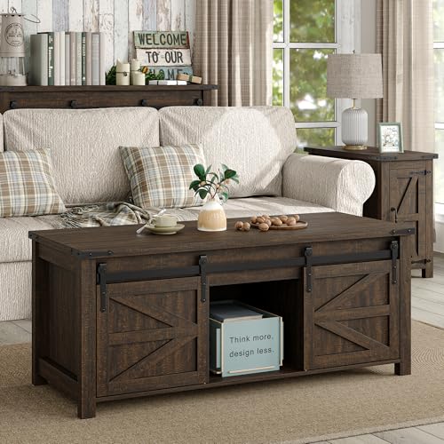 47.3" Lift Top Coffee Table with Storage and Barn Doors, White and Grey I616078