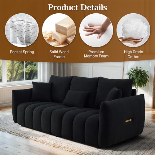 Teddy Cloud Sofa Couch, Boucle 3 Seater with 3 Pillows, Black T90422