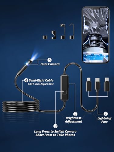 Dual-Lens 1920P HD Endoscope Camera with Light, IP67 Waterproof, 16.4ft for iOS & Android M65854