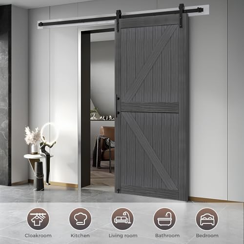 S&Z TOPHAND® 20 in x 84 in Elephant Gray British Brace Knotty Barn Door with 4FT Sliding Hardware Kit G149446