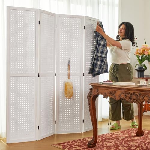 Pegboard Display 5.6Ft Wooden Room Divider Folding Privacy Screen Freestanding Wall Organizer, 4 Panels, Natural C603